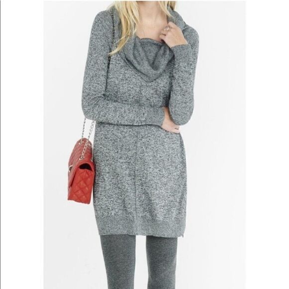 Express Black White Marled Slouchy Cowl Neck Sweater Tunic Dress - Picture 1 of 11